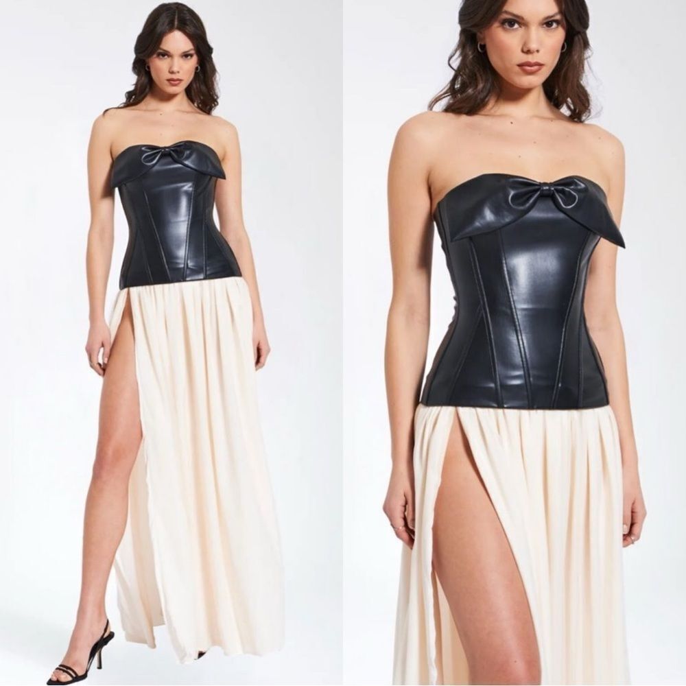 NWT Miss Circle Maayan Black Vegan Leather Corset Maxi Dress Size XS